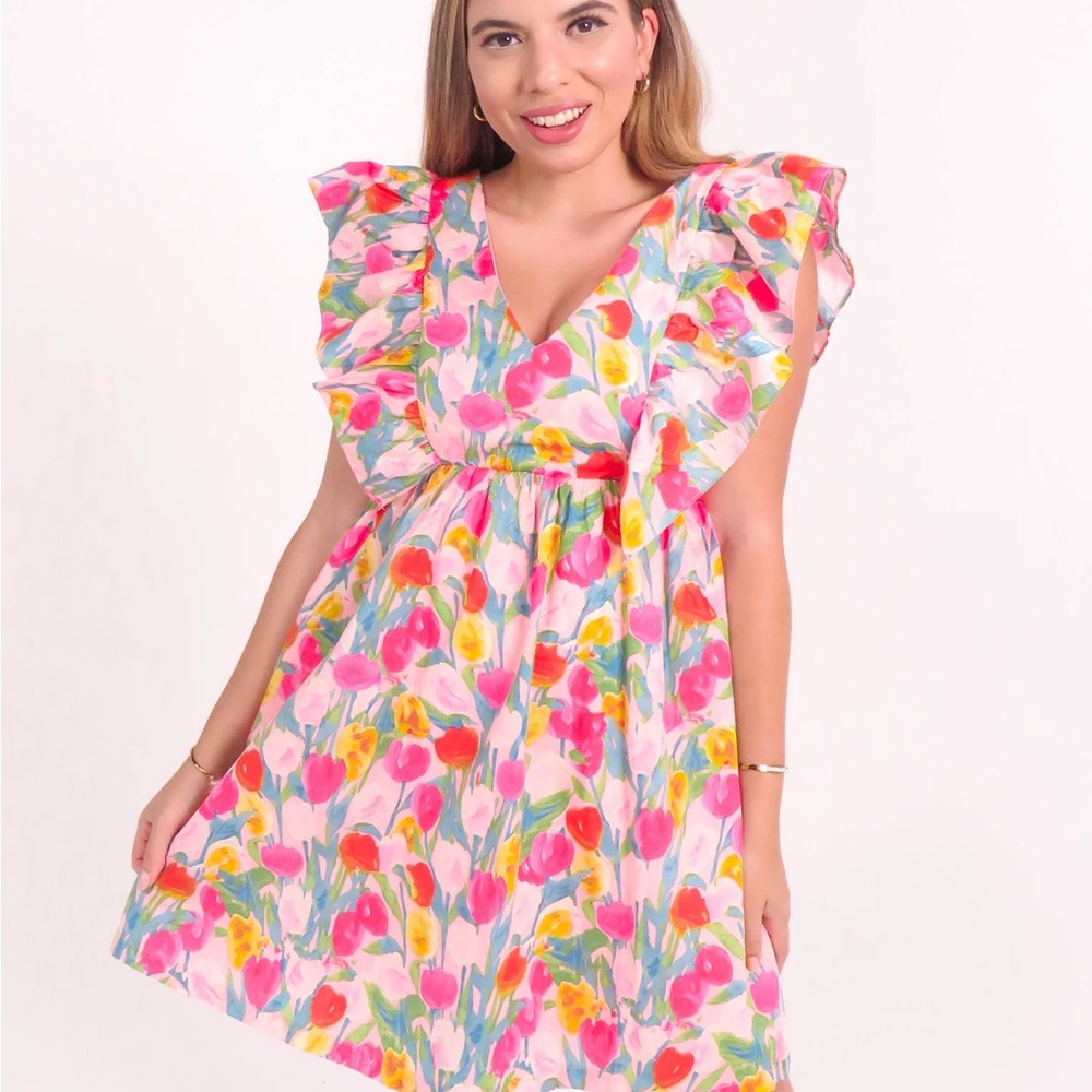 Floral V-Neck Dress with Ruffle Sleeves